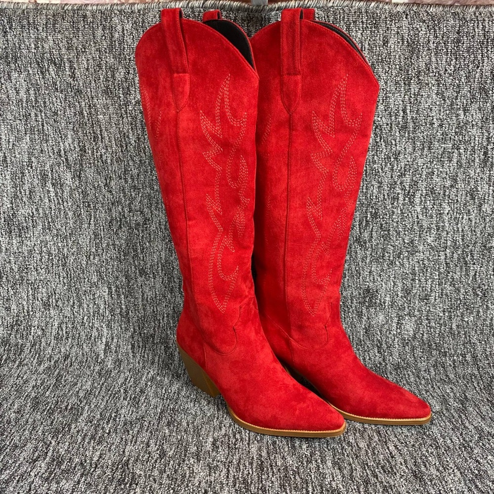 iiimmu Red Faux Suede Knee High Western Cowboy Boots Pointed Toe Size 8